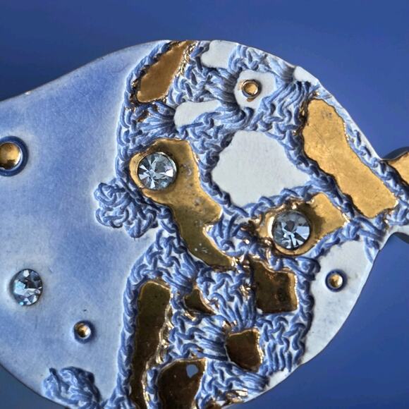 Vtg Hand Crafted Clay Polymer Fish Pin Brooch Blue Metallic Gold Tropics Coastal - Picture 2 of 6